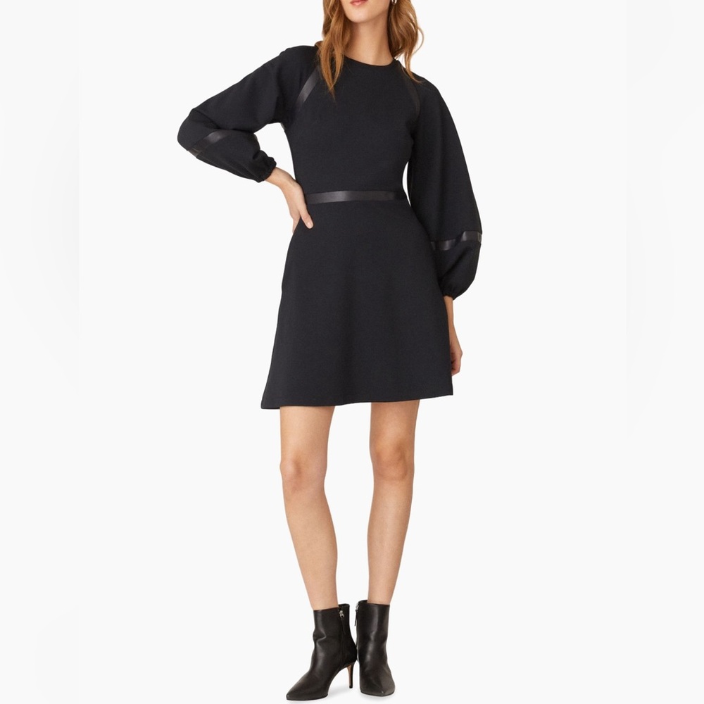 Shoshanna Elsy Long Sleeve Little Black Dress w Faux Leather Trim Size 12 NWT